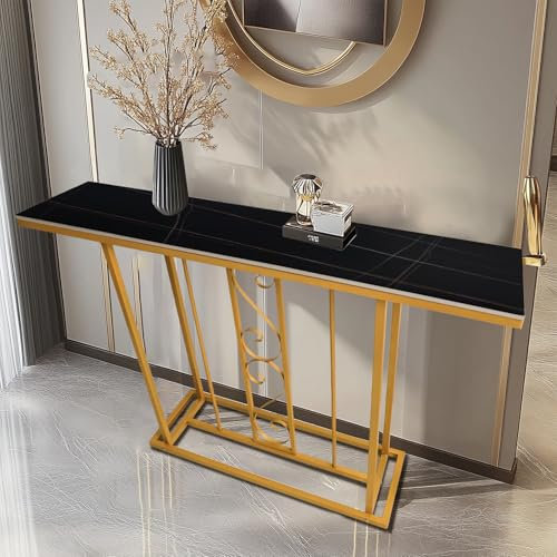 Free Standing Large Marble Effect Sintered Stone With Metal Golden Frame Console Table Hallway Entrance Furniture (Black/Gold)