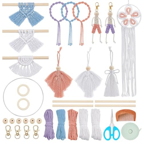 INFUNLY 12 Set DIY Makramee Traumfänger Kit Mit Anleitung Boho Makramee Wandbehang Sets Baumwollkordel Schlüsselanhänger Set für Jungen Bunte Armbänder Set Mit Quaste Handgefertigtes Engel Ornament