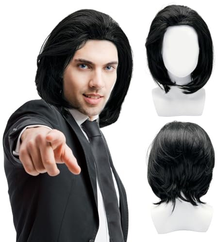 UILYNIU Black Wig Men Short Wig 80s 90s Costume Punk Rock Fancy Dress Wigs for Men Can Tie into Ponytail for Party Cosplay Halloween Carnival