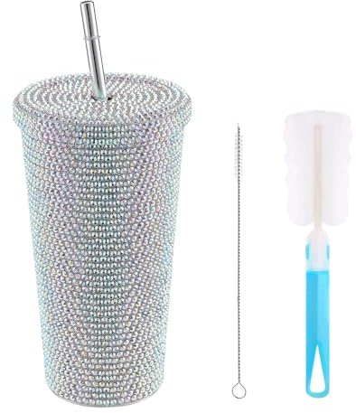 Laroal 500 ml Becher mit Glitzer-Diamanten und Spikes, inklusive 1 Becherbürste und 1 Strohhalmbürste