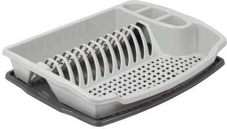 Jolie Max Plastic Dish Drainer Rack with Removable Drip Tray – Compact Kitchen Counter Rack with 3 Cutlery Holders, Holds Up to 12 Plates, (43 x 35 x 8 cm) (GREY)