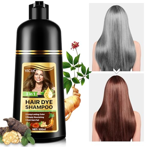 Shampooing Teinture Pour Cheveux Blancs, Shampoo Tein-ture Instantanée Pour Les Hommes Et Les Femmes - Naturel Et Durable, Soin Des Cheveux Sham-pooing Tein-ture Végétale 3 En 1-500 ML (Marron Brun)