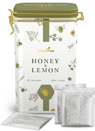Charbrew Bees & Garden - Honey & Lemon Tea Tin 60 Teabags | Soothing Herbal Green Tea Blend in Reusable Metal Decorative Tin