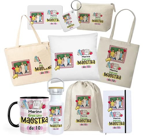 Kembilove® Pack personalizado maestra con foto | Regalo fin de curso profesoras infantil y primaria | Taza y bolsa con nombre | Detalles originales personalizados para profesoras