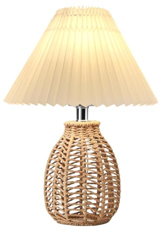 YIKEGE LICHT Tischlampe Boho Lampe Vintage Rattan Stehlampe Beige Nachttischlampe Weiß Stoff Lampenschirm Nachtischlampe Modern Landhaus Table Lamp für Wohnzimmer Schlafzimmer Nachttisch Tisch Deko
