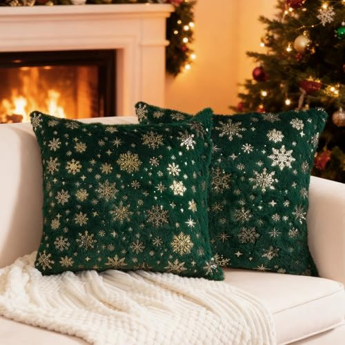 Miaikoe Weihnachtskissen Abdeckungen 40x40 cm, Schneeflocken Glitter gedruckt Dekorative Baum Kissen Abdeckungen Kissenfall Set von 2 für den Urlaub Weihnachtsdekor Sofa Couch Grün