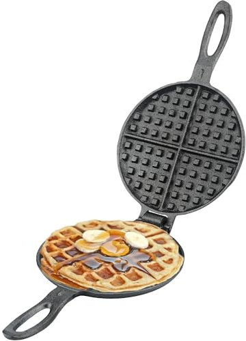 LRWZOV Cast Iron Waffle Maker for Stovetop or Grill, 7 inch Round Waffle Iron, Two Piece Hinged Non-Electric - Quick Heating, Easy Clean