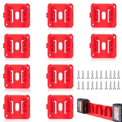 10 Pcs Battery Holder Wall Mount Tool Holder Dock Battery Storage Rack Red Batterys Mounts Storage Holders Rack for Milwaukee M18 18V with 10 Screws