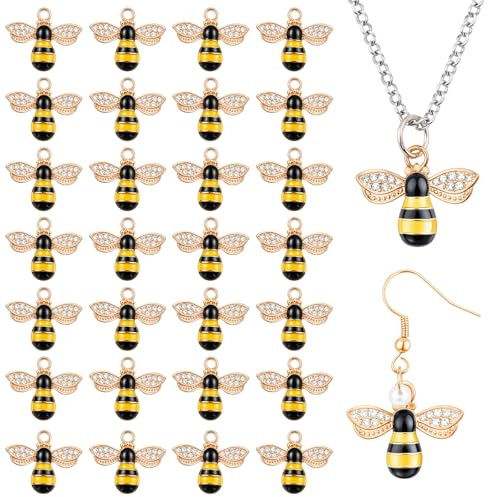 Larrel 30 Stück Schlüsselanhänger Biene, Bienen Anhänger Gold Bienen Deko Brass Bee Charms Emaille Charms mit Strass Mini-Anhänger Biene Charm Set für Schmuckherstellung (Ohrringe Schlüsselanhänger)
