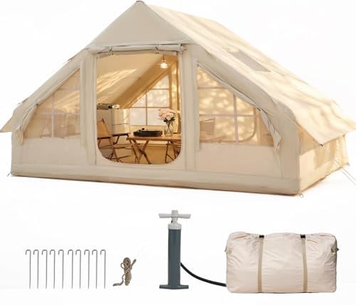Aoxun Inflatable Tent 2/4/6/8 Person, Air Tent with Manual Hand Pump | Waterproof Windproof 4‑Season Tent, with Stove Jack, for Camping Glamping Festival Garden Use