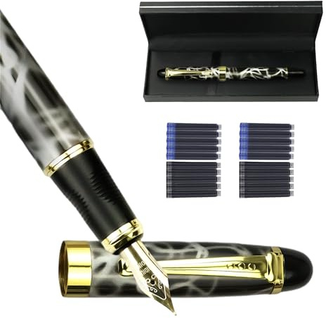 YUN CHUN Marble Fountain Pen for Writing, Refillable Luxury Metal Pens with Ink Pen with 10 Black and 10 Blue Ink Refills, Business Writing Fountain Pen for Men and Women, Marble Black & White