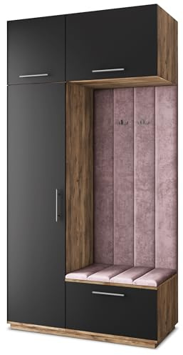 Masseno Flugarderoben Set Rema, Kleiderschrank-Set mit Sitzbank, Garderobenschrank Flur mit 5 Regalböden, Eiche Lefkas/Schwarz