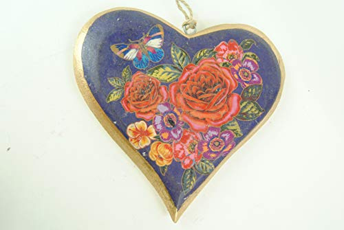 Heart - Hanging Wooden Large Rustic Bohemian with Purple Background and Rose and Butterfly Design Gold Edging