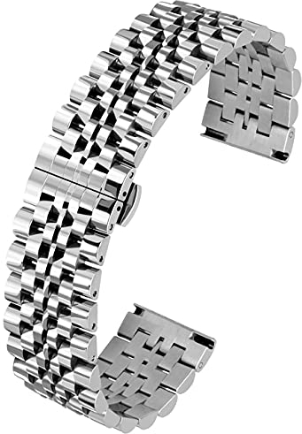 Kai Tian Flexibles Armband Poliert 7 Zeilen 20mm 22mm Uhrenarmband Edelstahl Schnelle Veröffentlichung Metalluhr Armband Schwarz Silber Blau Gold Roségold (22mm, Silber)