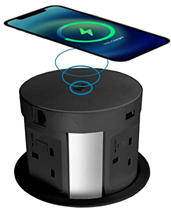 Allcam PP107-series Pop-up Power 4 UK sockets 3.15A Fused 2x USB 1x Qi Wireless Charger 1x RJ45 1x High Definition AV with Ethernet and Starter Lead