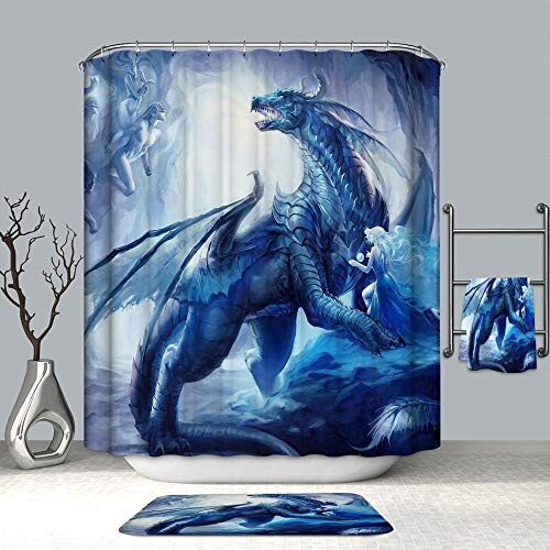 Chickw1 Drachen Duschvorhang Wasserdicht Anti-Schimmel Anti-Bakteriell mit 12 Haken Duschvorhangringe Polyester Bad Vorhang für Badezimmer Decor 3D Drucken (Blauer Drache,180x200cm)