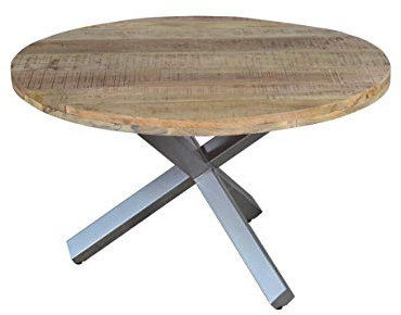 SAM Runder Esszimmertisch 130 cm Runis, Mangoholz massiv & naturfarben, Esstisch im Used-Look, silberner Metallfuß in Sternform, aufgedoppelte Tischplatte 50 mm