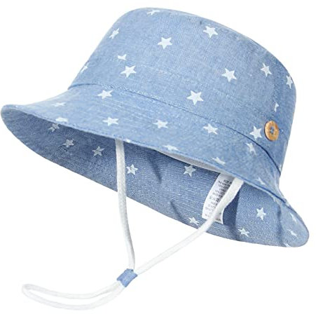 GEMVIE Niños Sombrero Pescador de Bebé Sol Protección Algódon Unisexo Gorro Ajustable Plegable Estapado Estrella Verano UV Hat Niña (Azul Claro, 1-2años)