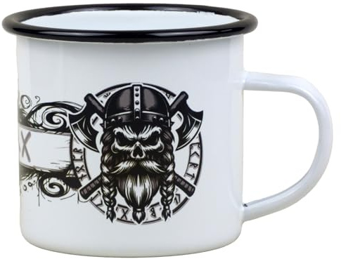 Fördeblau Wikinger Emaille Tasse - 300ml, Totenkopf und Runen Motiv, Outdoor-geeignet, Geschenk für Fans der nordischen Völker des Nord- und Ostseeraumes während der Wikingerzeit