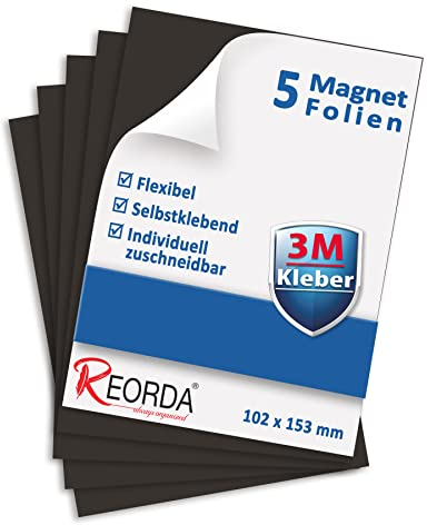Reorda Magnetfolie selbstklebend 5er Set - Magnetpapier mit starkem 3M-Kleber - Magnetplatte zuschneidbar für Kühlschrank, Tafeln & Poster - Magnetische Folie selbstklebend für's Basteln