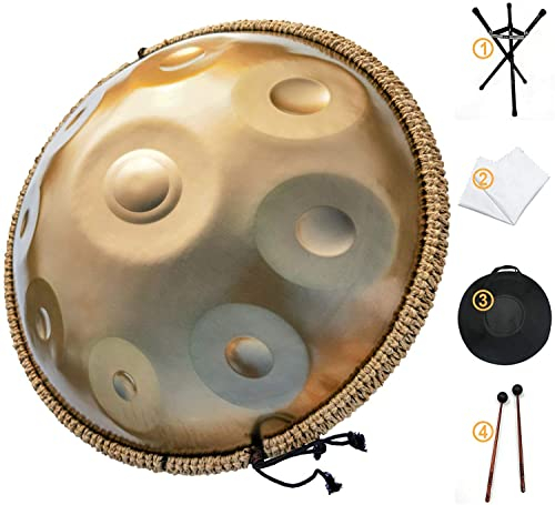 AS TEMAN HANDPAN Drum D minor 9 notes 22 inches, 432Hz, with gold finish, carrying bag, stand, cleaning cloth, drumstick.