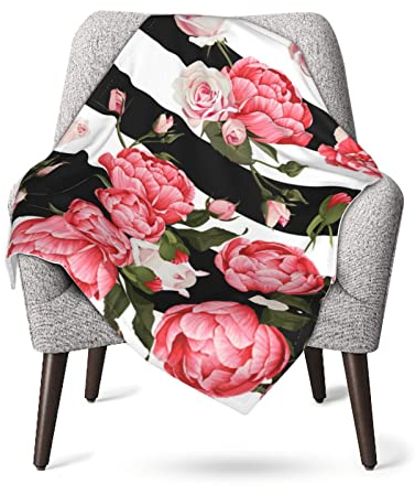 Babydecke, Schwarz / Weiß gestreifte Blumen, super weich, 76 x 101 cm