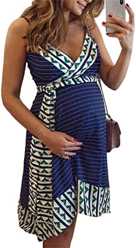 ORANDESIGNE Femmes Enceintes Grossesse Allaitement Grossesse Allaitement V-Cou sans Manches Allaitement Épissage Robe Imprimée E Bleu Foncé M