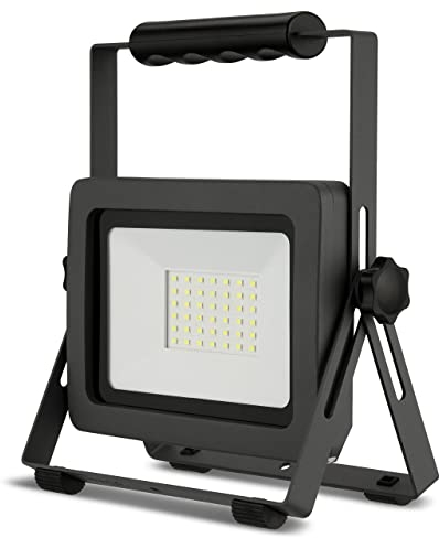 REV LED Baustrahler - 30W, 2550lm, IP65, 6500K, robuster Aluminium Baustellenlampe für Baustelle, Werkstatt & Keller, 2,5m Gummikabel, anthrazit-silber