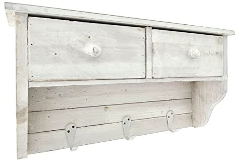 Krenz Wand-Garderobe Holz, 3 Haken 2 Schubladen, 45x25x13cm, Wand-Regal Haken-Leiste Schlüssel-Haken, weiß Shabby chic