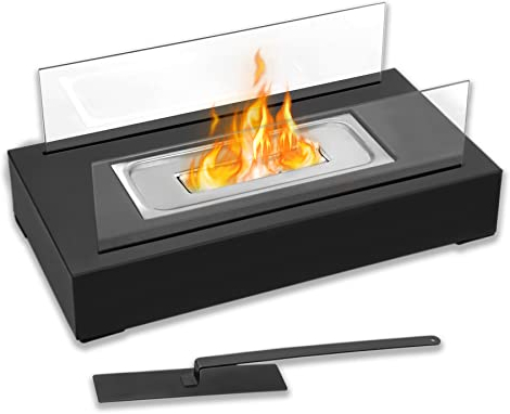 Froadp Ethanol Kamine Set Tragbare Bioethanol Tischkamin mit Glas, Stahl Base & Weiß Dekosteinen 35x18x15cm Rechteckig Windlicht Terrassenofen Bio Ethanol Tischfeuer Deko für Innen & Außen