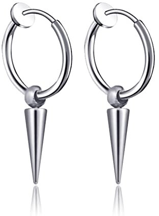Beydodo Boucle d'oreilles Sans Perçage, Boucles d'oreilles Faux Piercing Acier Innoxydable Hoop avec Pendentif Cône
