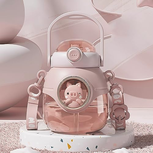 Yenergy Water Bottle with Straw 37oz Kawaii Water Bottles with Adjustable Strap for Women,Teen Girl School Office Gifts,Cute Animal Theme Water Bottles - Pink Pig