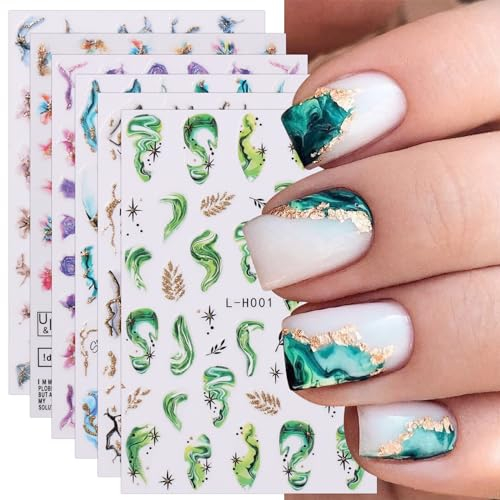 JMEOWIO 10 Sheets Marble French Tip Nail Art Stickers Decals Self-Adhesive Leaves Nail Supplies Nail Art Design Decoration Accessories