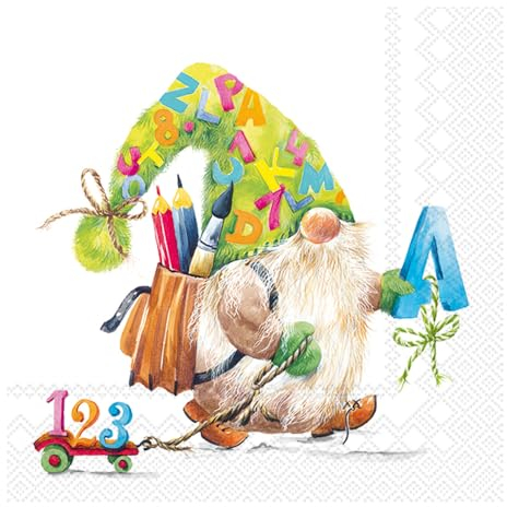IHR Ideal Home Range - Papierservietten Motiv: Bernie - Gnom Zwerg Schulanfang 20 St. Lunch-Servietten 33 cm x 33 cm