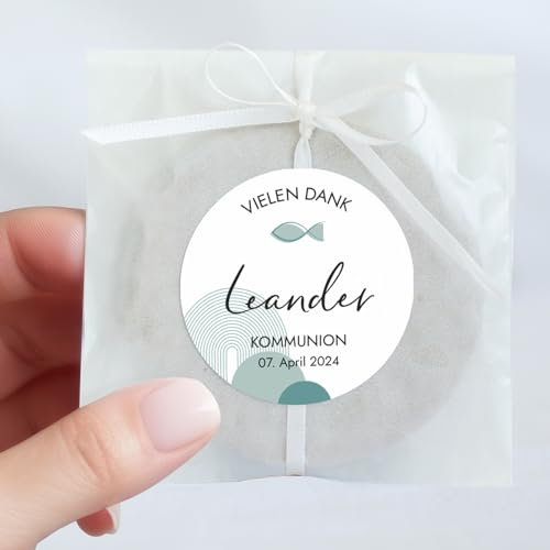 Mimi und Anton KOMMUNION DANKESCHÖN Aufkleber personalisiert mit deinem Wunschnamen | 12x Sticker rund 5 cm | Vielen Dank KOMMUNION Deko Sticker | Regenbogen MINT