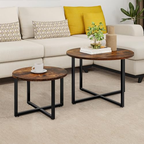 YITAHOME Round Coffee Table Set of 2 for Living Room, Modern Round Nesting Coffee Table with Black Metal Frame, Sofa Tea Table, Cocktail Tables End Side Table for Living Room/Bedroom, Rustic Brown