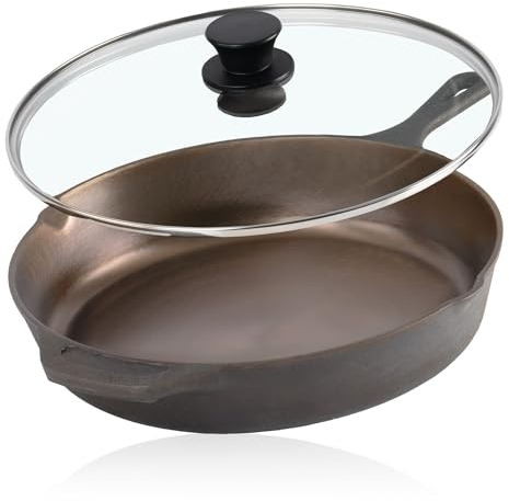 Padella in ghisa lucida Mahlzeit con coperchio 29,5 cm | padella con due beccucci | coperchio per padella da grigliare, padella universale, padella da fuoco | pentola con coperchio, bordo alto