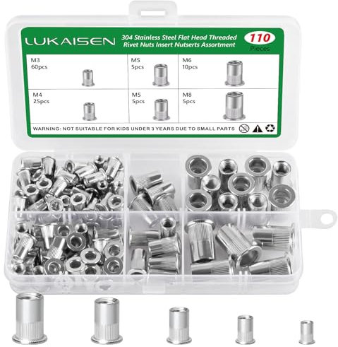 Dado per rivetto, 110 pezzi, filettato a testa 5 misure, M3 M4 M5 M6 M8 dado rivetto filettato, 304 in acciaio inox dado strumento piatto testa filettata rivetto Nutsert Cap per mobili auto