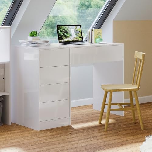 Bellamio Livny Schreibtisch Hochglanz weiß mit 5 Schubladen – Schminktisch ohne Spiegel – White Desk with Drawers 75x53x110 cm – Jugendschreibtisch - Bürotisch mit Schubladen beidseitig montierbar