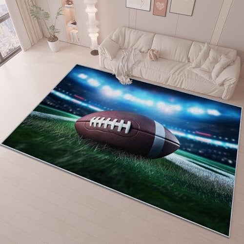 American Football Stadion Gras Teppich Wohnzimmer 80 x 150 cm, Waschbarer BlaugrüN Kunst Rutschfester Dekorativer Kurzflor Pflegeleicht Teppich für Schlafzimmer Kinderzimmer Büro Flur