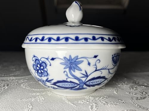 Kahla Zwiebelmuster Porzellan, Zuckerdose mit Deckel, Blau, 5 cm x 10 cm