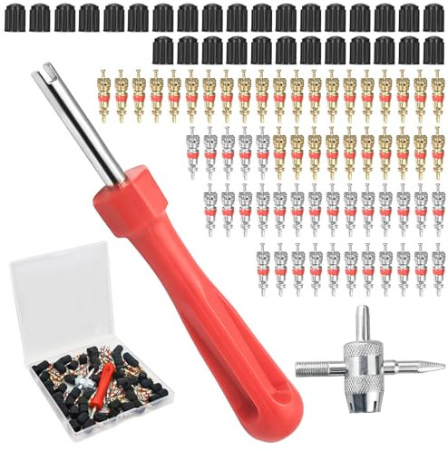 Tyre Valve Core Removal Tool Set, Tyre Valve Removal Tool, Tyre Valve Repair Kit - Single Head Valve Core Remover | 4-Way Valve Tool | 60 Valve Cores | 60 Tire Valve Caps | Fit for Car Bicycle Auto