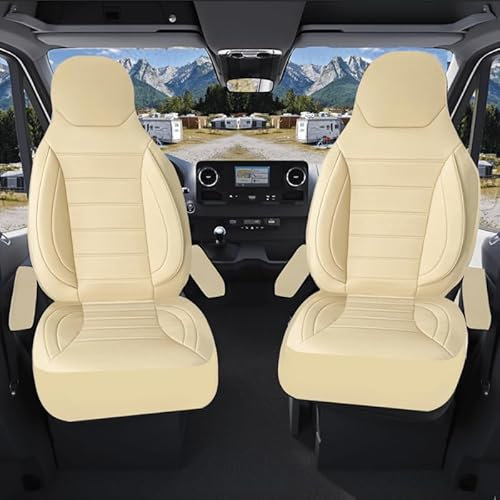 Auto Interieur Meester Sitzbezüge passend Kompatibel FIAT Ducato Wohnmobil 2-teiliges Set für Fahrer & Beifahrer mit Armlehnenbezügen,kompatibel mit Pössl, Knaus, Adria, Carthago u.a Kunstleder Beige
