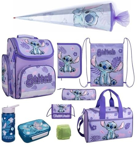 Familando Mädchen Schulranzen 1. Klasse · ergonomischer Tornister · Disneys Lilo und Stitch Schultasche im Set (10-teilig mit Schultüte)
