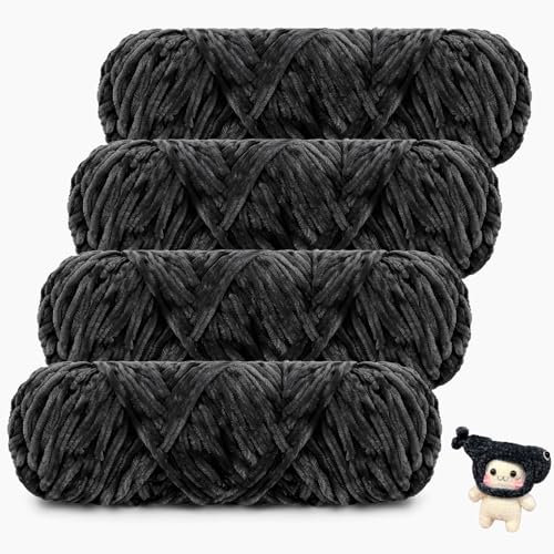 Coopay Samt Chenille Wolle, 400g (4x100g) Velvet Chenillegarn Wolle zum Häkeln&Stricken, Super Flauschige Weicher Babywolle für Kinder, Samtig Chenillewolle für Puppen, Schal, Decke - Schwarz
