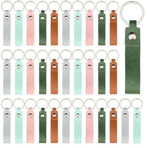 Koolenry 50pcs PU Leather Key Fob Kit, Keychain Blanks with Rives and Key Rings, Rectangle Leather Key Chain Bulk for DIY Craft