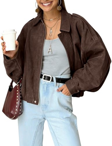 Kissonic Womens Faux Suede Bomber Jacket Oversized Batwing Long Sleeve Zip Up Cropped Coat Streetwear