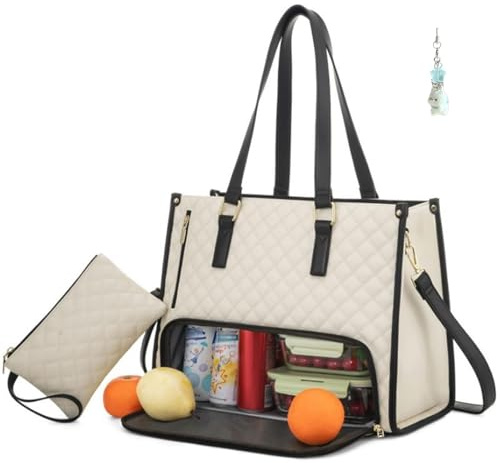 WANWEN 2 en 1 Bolsa de Almuerzo Combinado para Mujer, Bolsa de Almuerzo 2 en 1, Ideal para el Trabajo, el Ocio y Picnics (Beige)