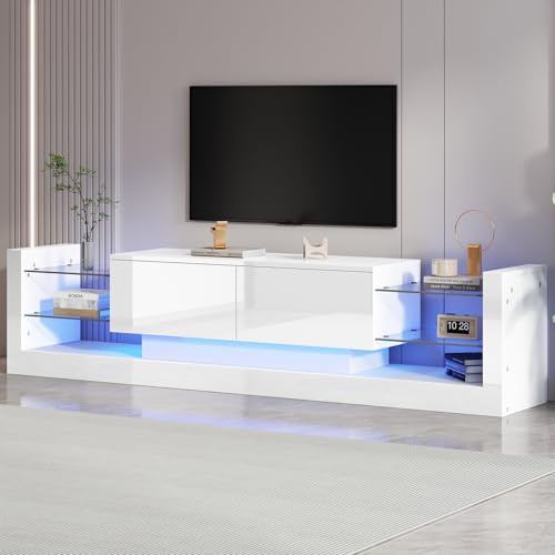 BXEYXE Hochglanz-TV-Schrank mit LED-Beleuchtung. 181 cm – Für Fernseher bis 80 Zoll. Glasfront. Zwei klappbare Schubladen