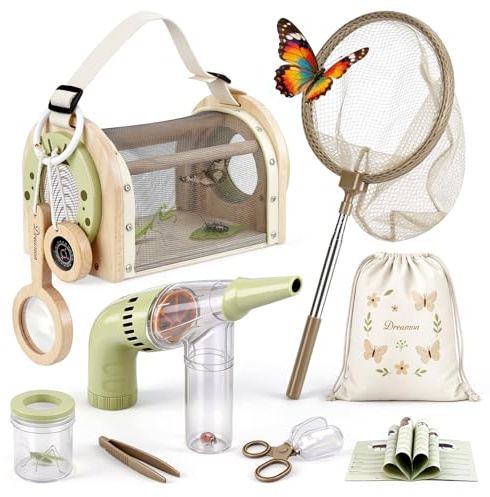 Dreamon Bug Hunting Kits for Children, Explorer Costume Kids with Wooden Bug Cage, Bug Vacuum, Butterfly Net, Storage Bag, Outdoor Safari Nature Gifts for 3 4 5 year Olds Boys